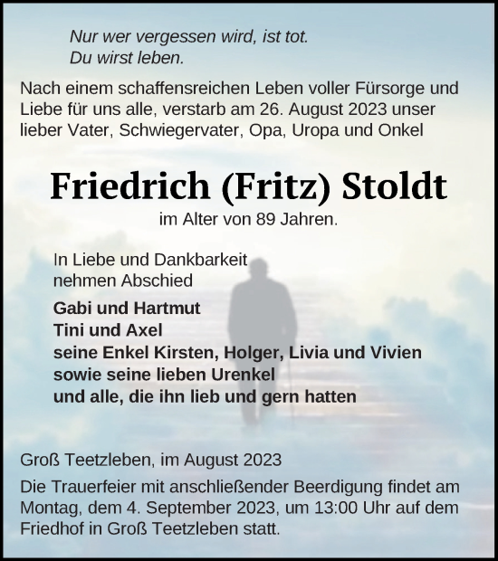 Traueranzeige von Friedrich Stoldt von Neubrandenburger Zeitung