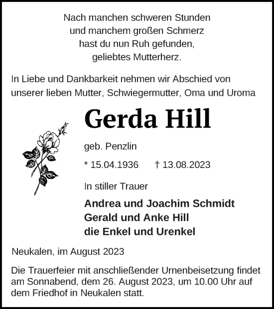 Traueranzeige von Gerda Hill von Mecklenburger Schweiz