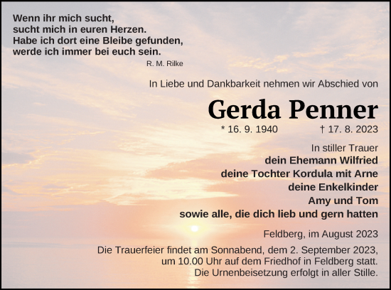 Traueranzeige von Gerda Penner von Strelitzer Zeitung