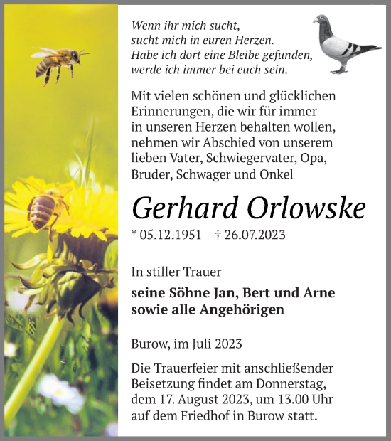 Traueranzeige von Gerhard Orlowske von Neubrandenburger Zeitung