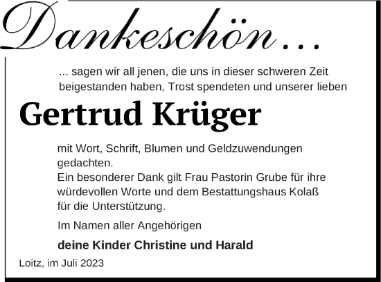 Traueranzeige von Gertrud Krüger von Vorpommern Kurier