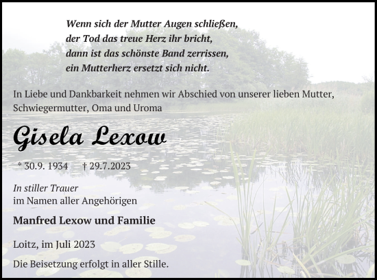 Traueranzeige von Gisela Lexow von Vorpommern Kurier