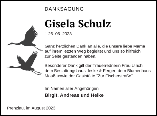 Traueranzeige von Gisela Schulz von Prenzlauer Zeitung