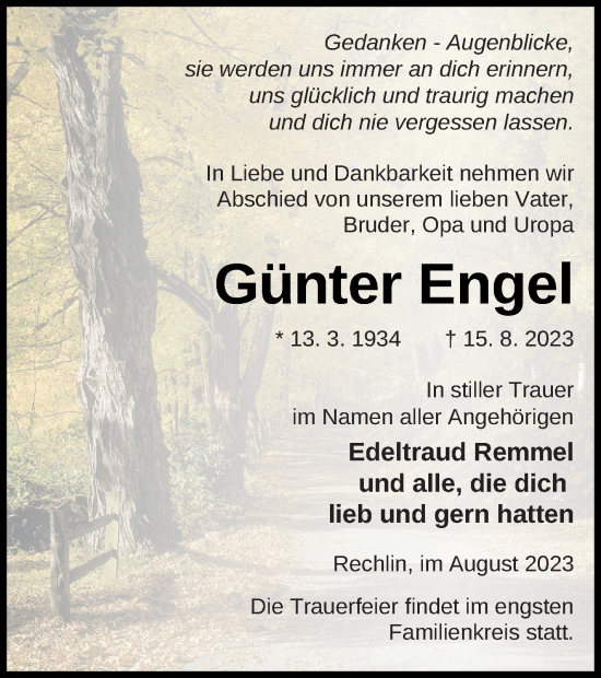 Traueranzeige von Günter Engel von Müritz-Zeitung