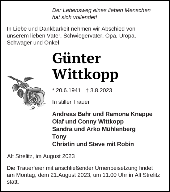 Traueranzeige von Günter Wittkopp von Pasewalker Zeitung