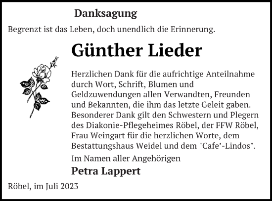 Traueranzeige von Günther Lieder von Müritz-Zeitung