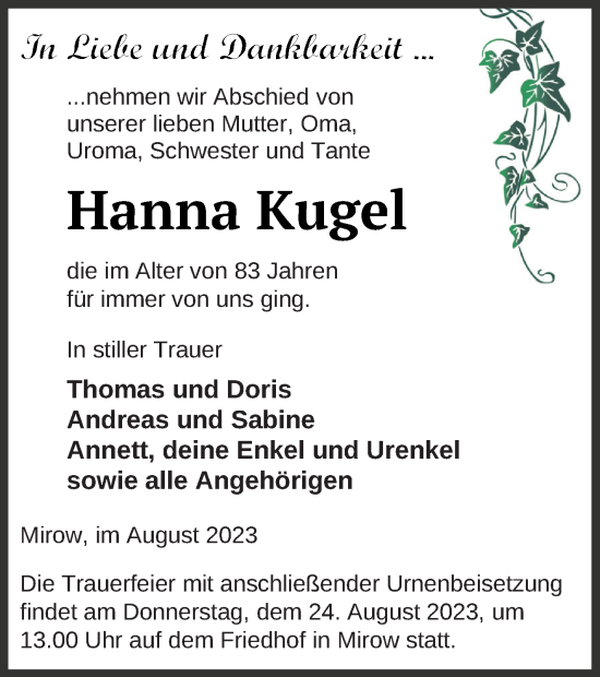 Traueranzeige von Hanna Kugel von Strelitzer Zeitung