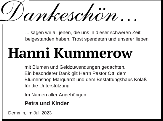 Traueranzeige von Hanni Kummerow von Demminer Zeitung