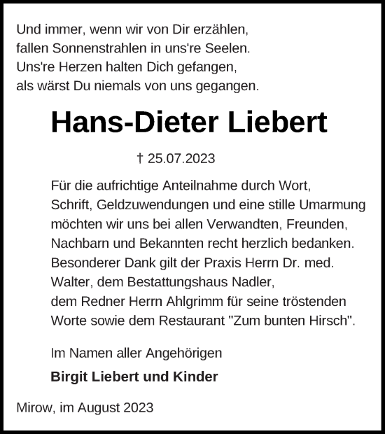 Traueranzeige von Hans-Dieter Liebert von Strelitzer Zeitung