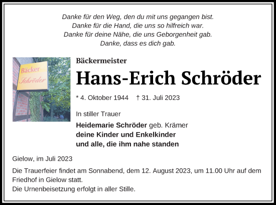 Traueranzeige von Hans-Erich Schröder von Mecklenburger Schweiz