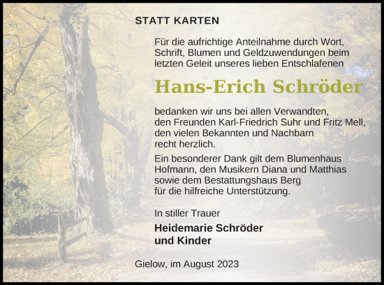 Traueranzeige von Hans-Erich Schröder von Mecklenburger Schweiz