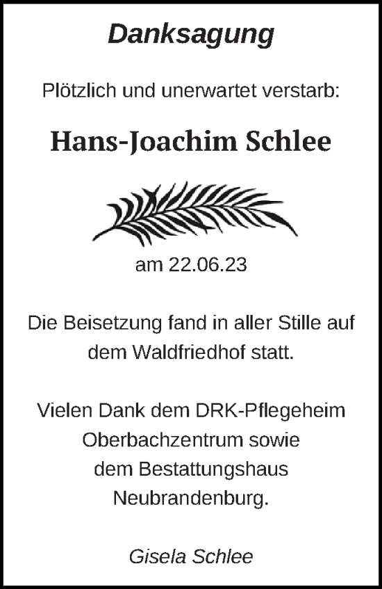 Traueranzeige von Hans-Joachim Schlee von Neubrandenburger Zeitung