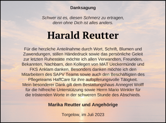 Traueranzeige von Harald Reutter von Haff-Zeitung