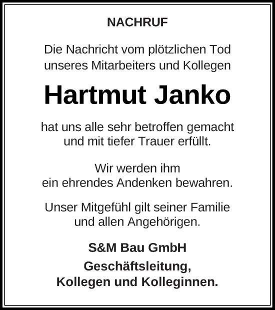 Traueranzeige von Hartmut Janko von Müritz-Zeitung