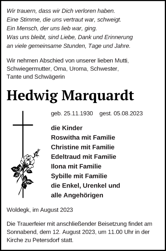 Traueranzeige von Hedwig Marquardt von Strelitzer Zeitung