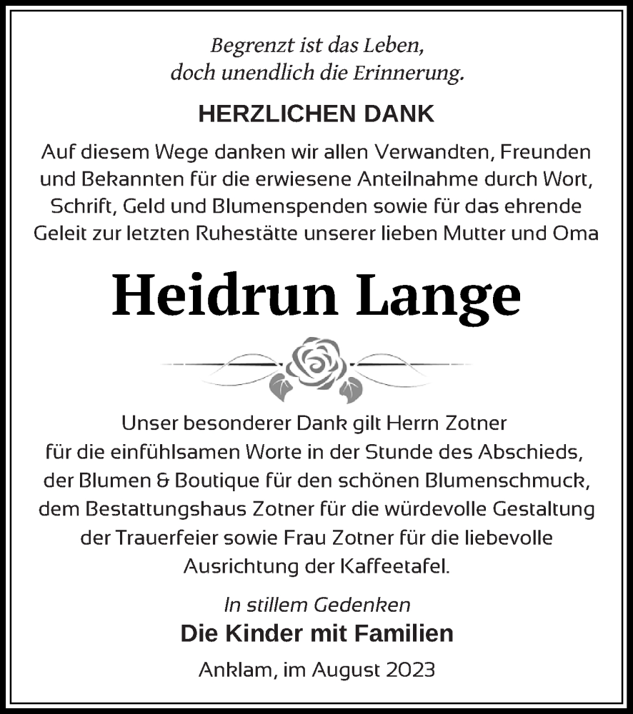  Traueranzeige für Heidrun Lange vom 05.08.2023 aus Vorpommern Kurier