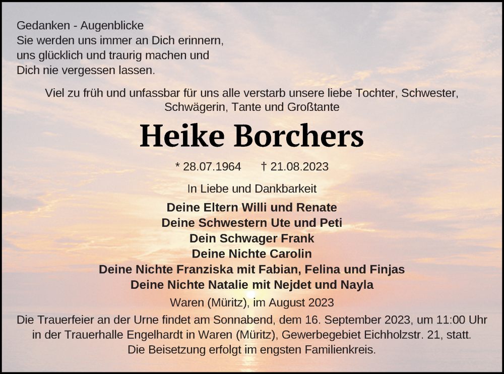  Traueranzeige für Heike Borchers vom 26.08.2023 aus Müritz-Zeitung