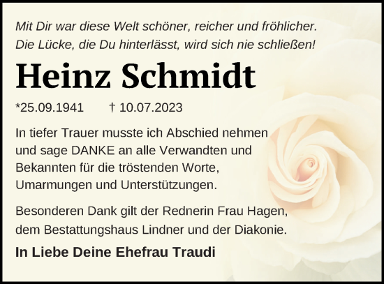 Traueranzeige von Heinz Schmidt von Neubrandenburger Zeitung