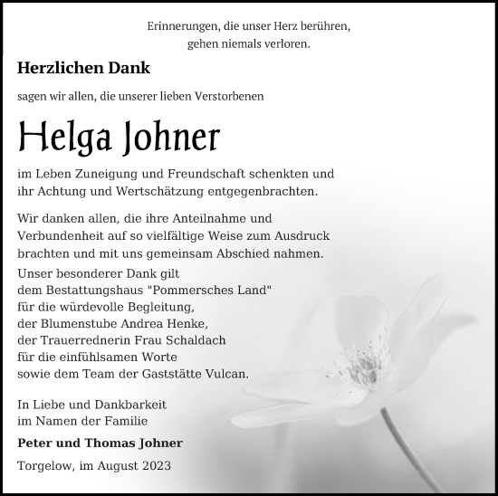 Traueranzeige von Helga Johner von Haff-Zeitung