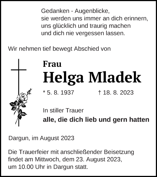 Traueranzeige von Helga Mladek von Mecklenburger Schweiz