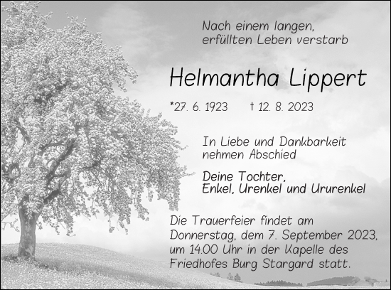 Traueranzeige von Helmantha Lippert von Neubrandenburger Zeitung