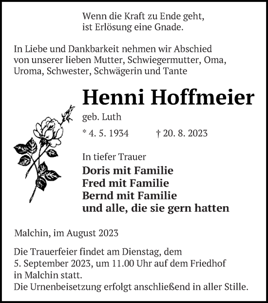 Traueranzeige von Henni Hoffmeier von Mecklenburger Schweiz