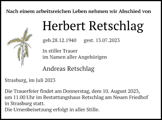 Traueranzeige von Herbert Retschlag von Pasewalker Zeitung