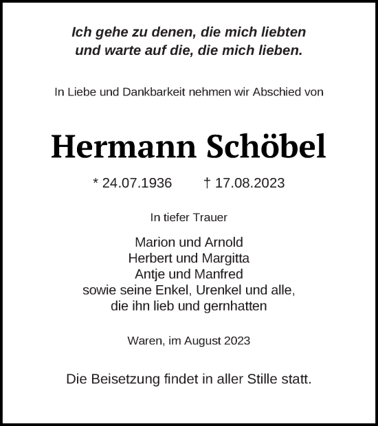 Traueranzeige von Hermann Schöbel von Müritz-Zeitung