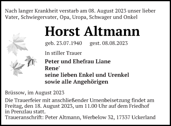 Traueranzeige von Horst Altmann von Prenzlauer Zeitung