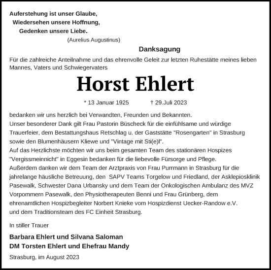 Traueranzeige von Horst Ehlert von Haff-Zeitung