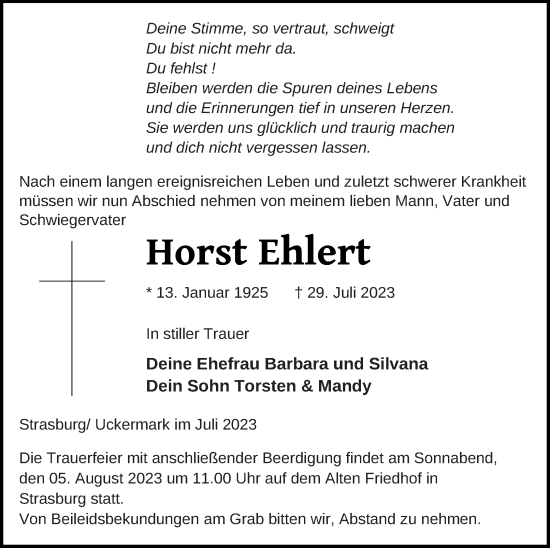 Traueranzeige von Horst Ehlert von Haff-Zeitung