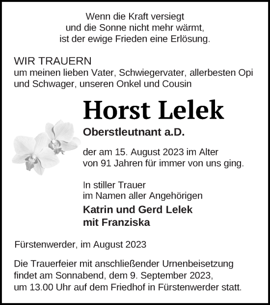 Traueranzeige von Horst Lelek von Prenzlauer Zeitung