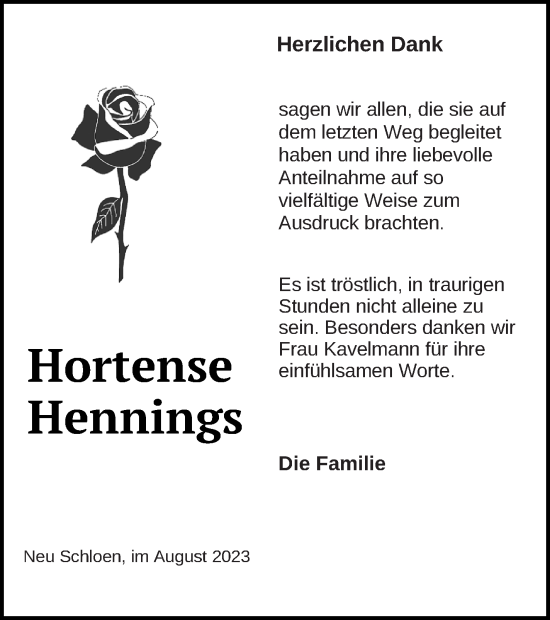 Traueranzeige von Hortense Hennings von Müritz-Zeitung