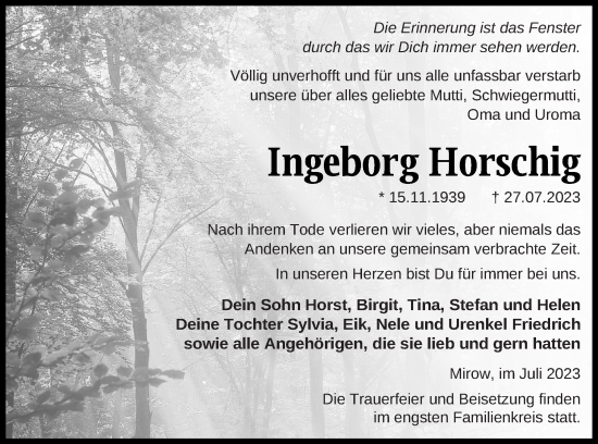 Traueranzeige von Ingeborg Horschig von Strelitzer Zeitung