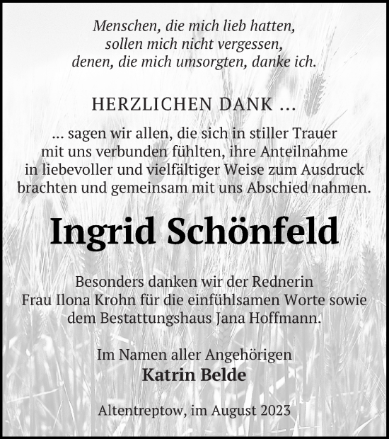 Traueranzeige von Ingrid Schönfeld von Neubrandenburger Zeitung