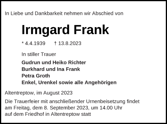 Traueranzeige von Irmgard Frank von Neubrandenburger Zeitung