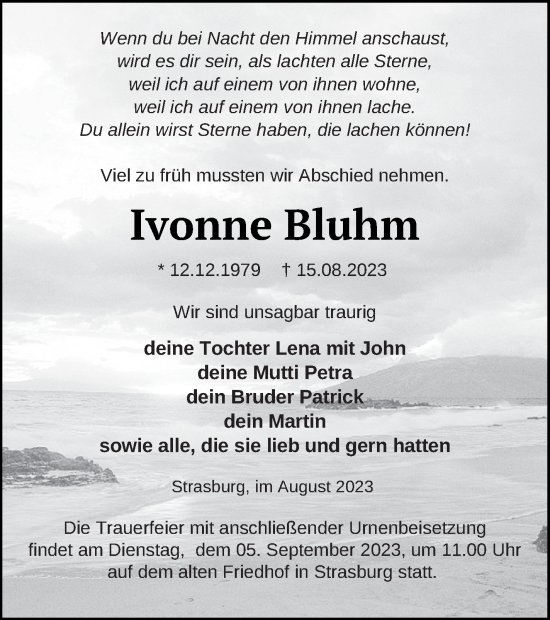 Traueranzeige von Ivonne Bluhm von Pasewalker Zeitung