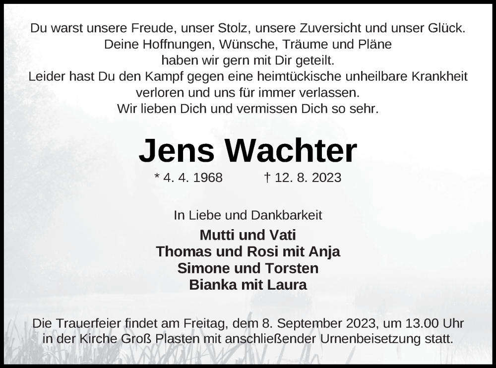  Traueranzeige für Jens Wachter vom 25.08.2023 aus Müritz-Zeitung