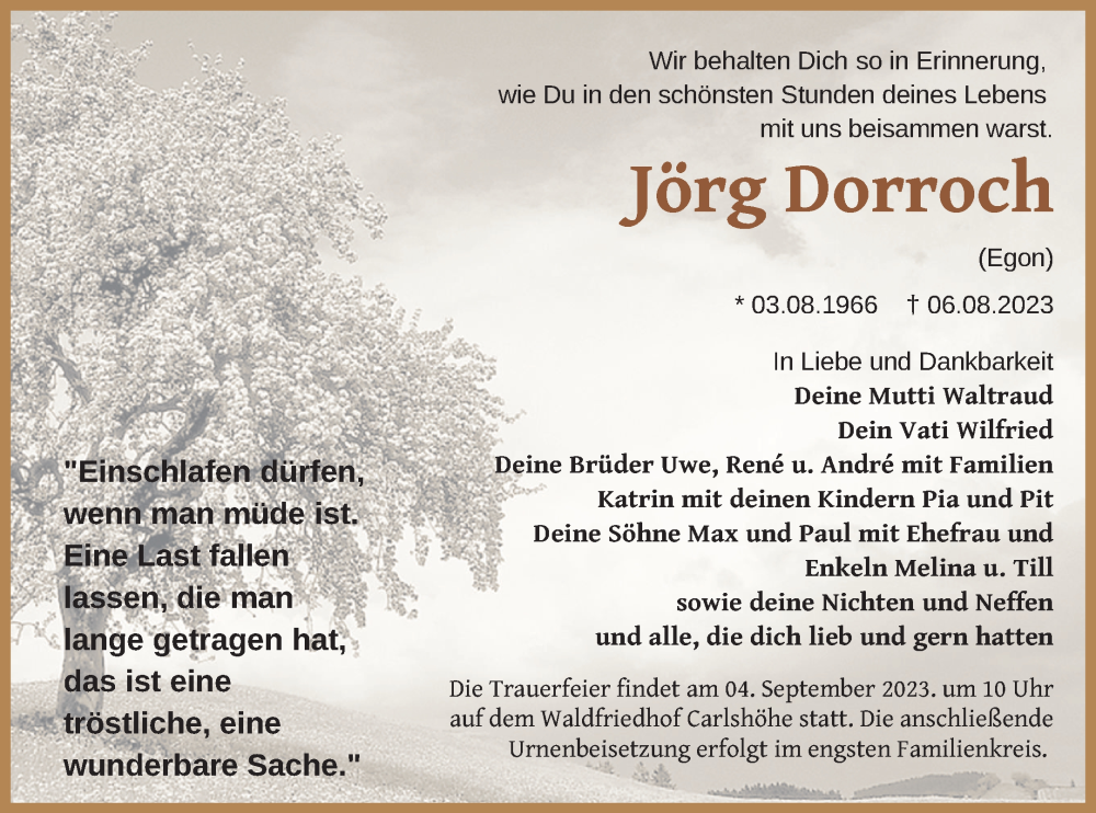  Traueranzeige für Jörg Dorroch vom 12.08.2023 aus Neubrandenburger Zeitung