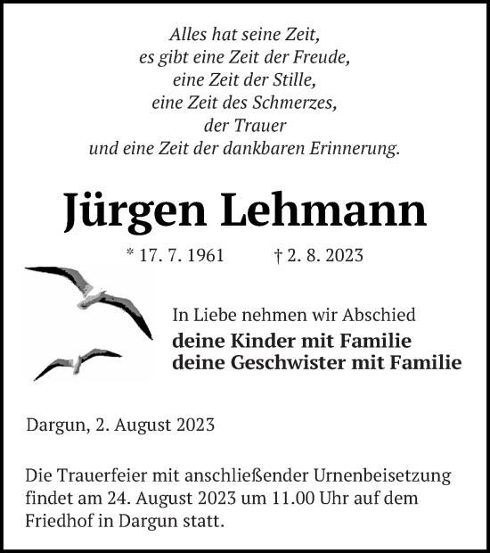 Traueranzeige von Jürgen Lehmann von Mecklenburger Schweiz