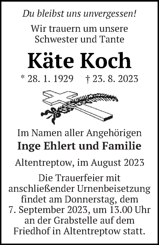 Traueranzeige von Käte Koch von Neubrandenburger Zeitung