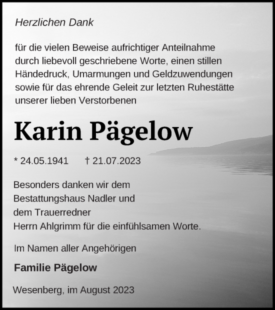 Traueranzeige von Karin Pägelow von Strelitzer Zeitung