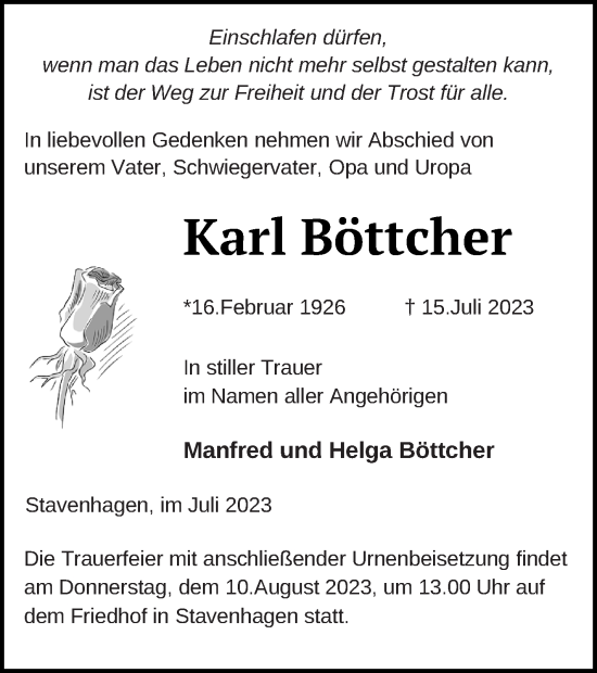 Traueranzeige von Karl Böttcher von Mecklenburger Schweiz