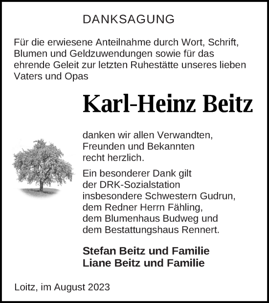 Traueranzeige von Karl-Heinz Beitz von Vorpommern Kurier