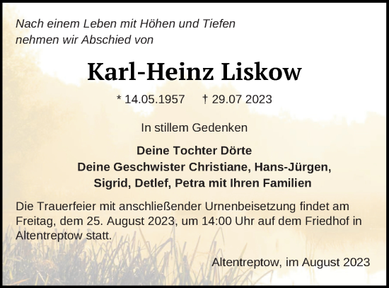 Traueranzeige von Karl-Heinz Liskow von Neubrandenburger Zeitung