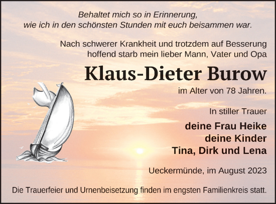 Traueranzeige von Klaus-Dieter Burow von Haff-Zeitung