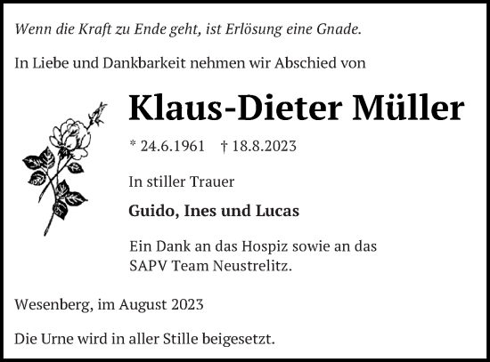 Traueranzeige von Klaus-Dieter Müller von Strelitzer Zeitung