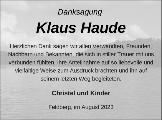 Traueranzeige von Klaus Haude von Strelitzer Zeitung