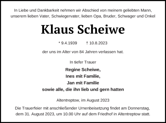 Traueranzeige von Klaus Scheiwe von Neubrandenburger Zeitung