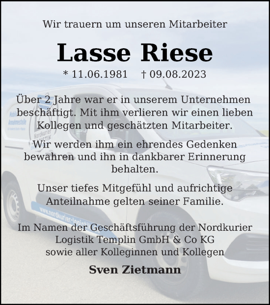 Traueranzeige von Lasse Riese von Templiner Zeitung